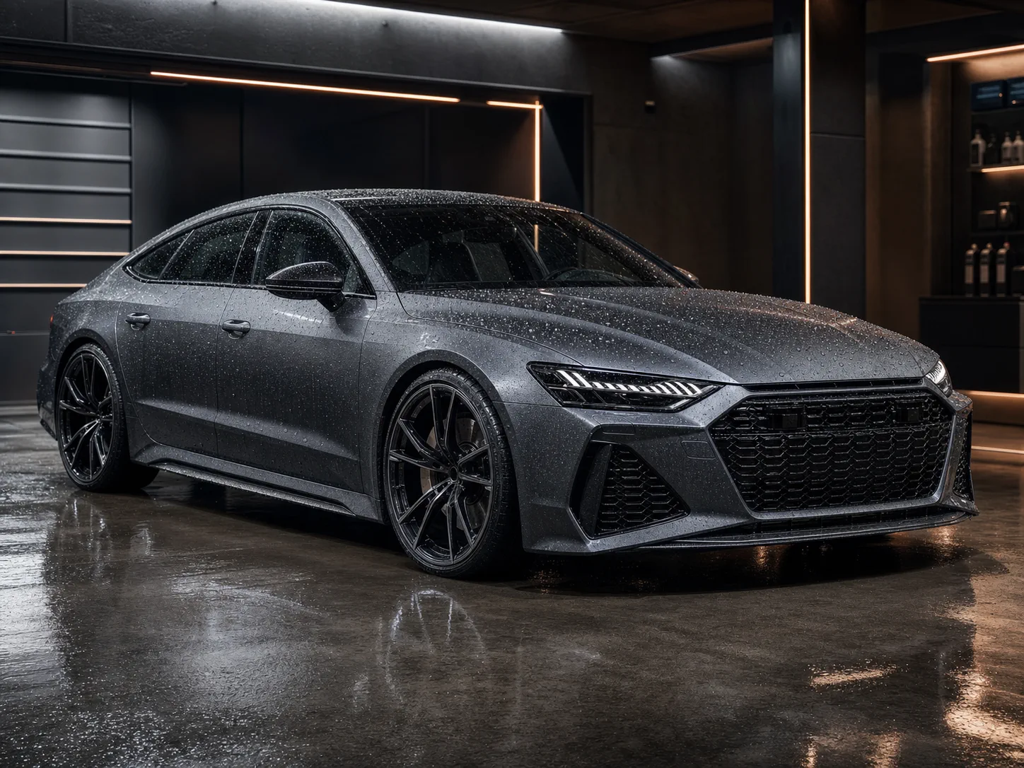 Мокрый Audi RS7 под медным светом детейлинг-студии