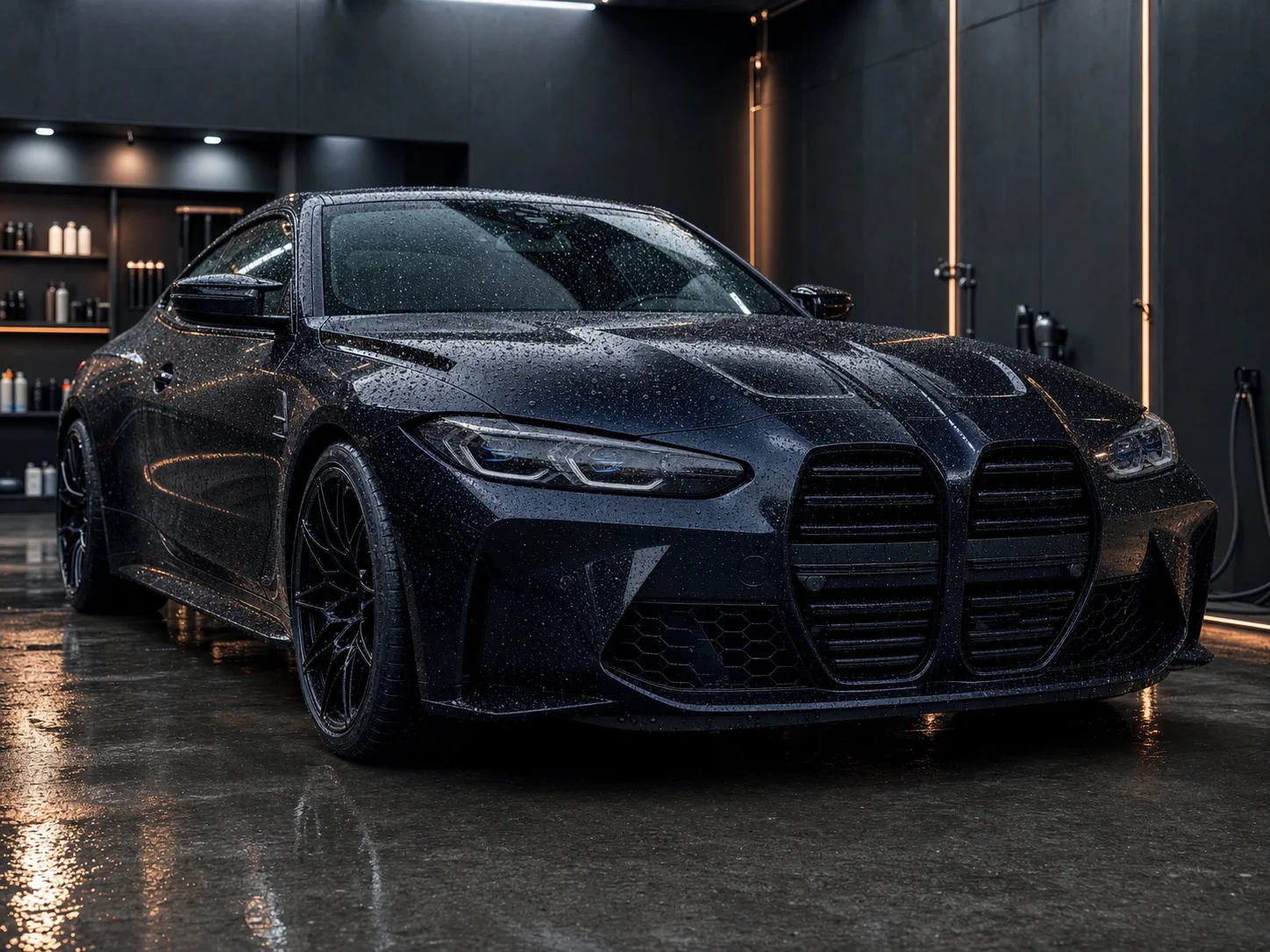 Мокрое купе BMW M4 в тёмном детейлинг-боксе