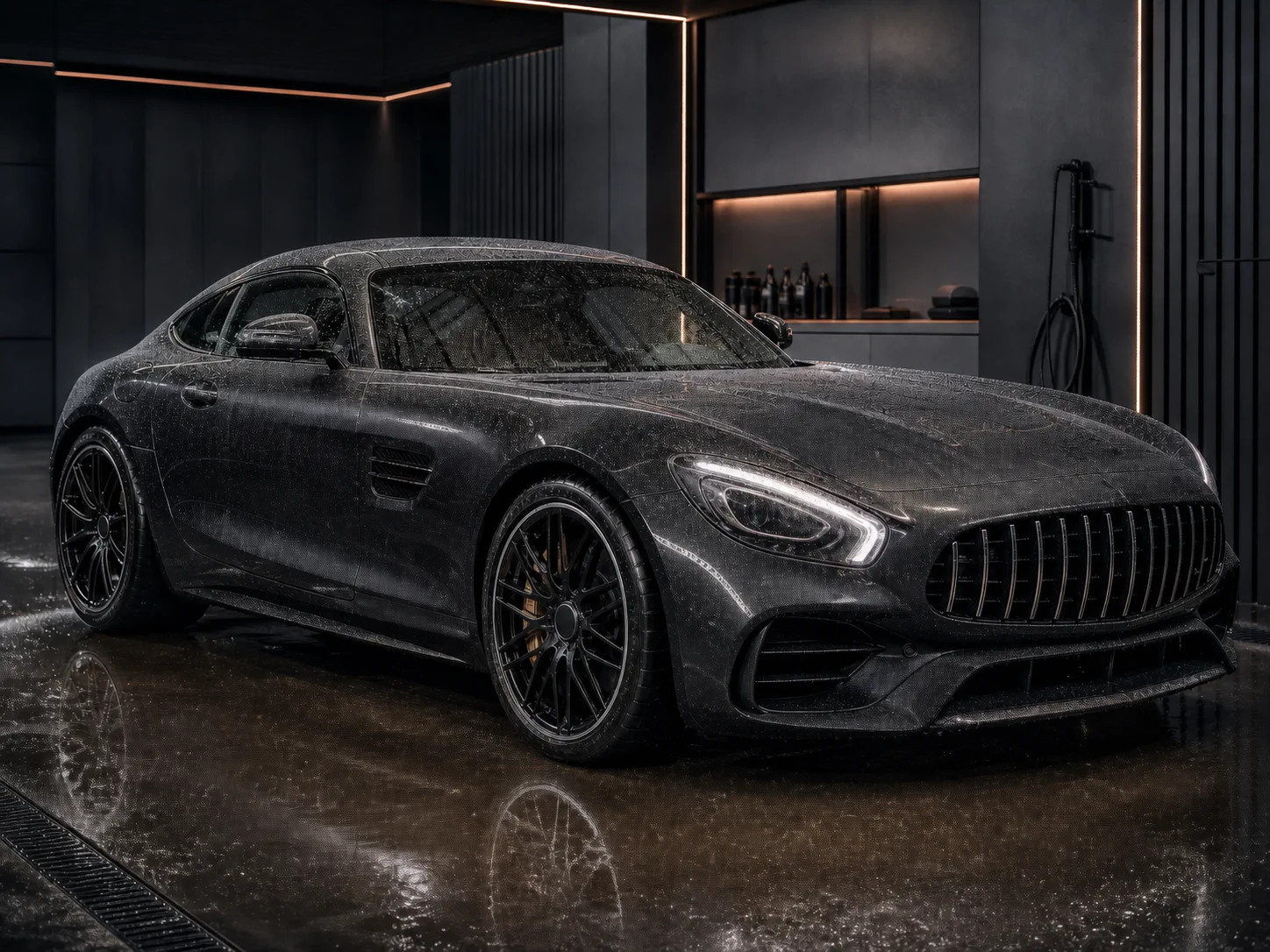 Мокрое купе Mercedes-AMG GT в премиальном моечном боксе