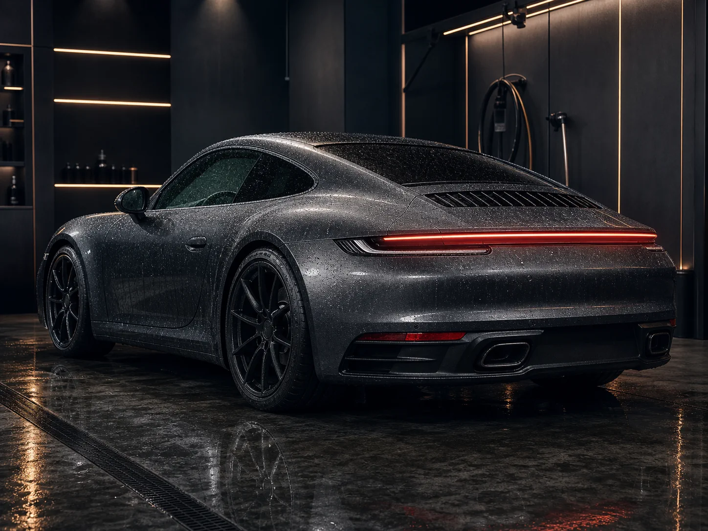 Мокрый Porsche 911 после мойки в графитовом боксе